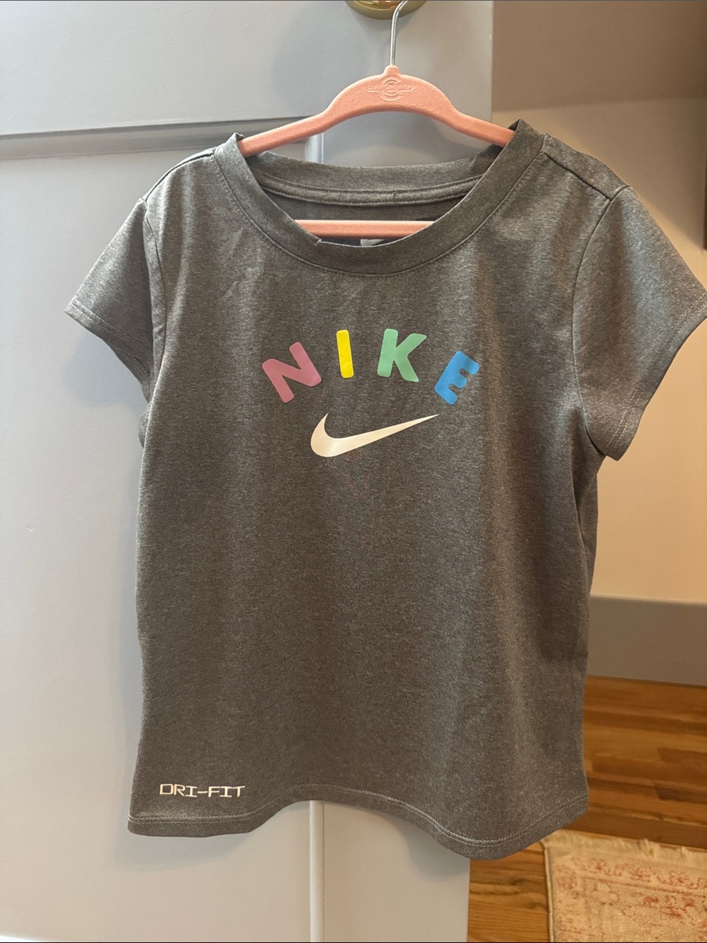 Nike Gray Short-Sleeve Dri-FIT Tee with Multicolor NIKE Letters